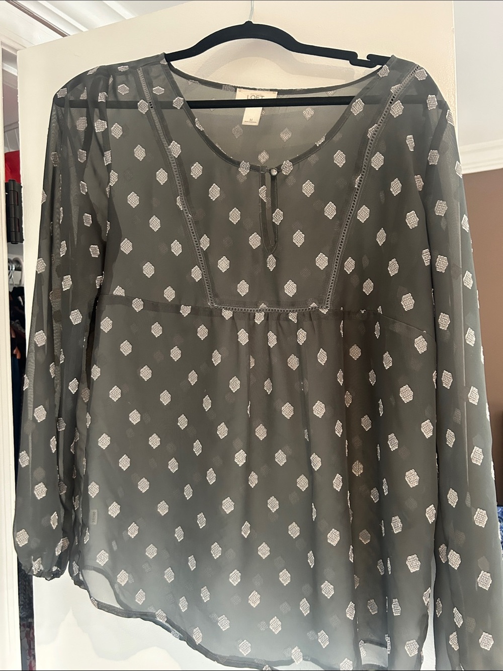 LOFT Black Sheer Blouse with White Geo Print